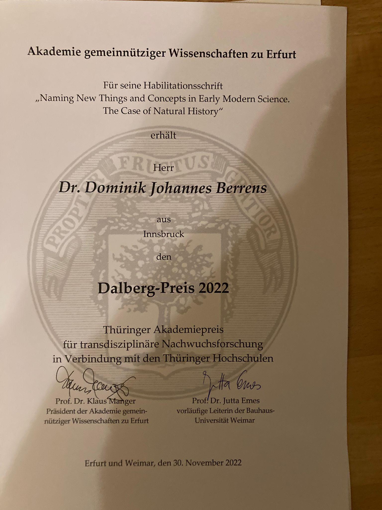 Dalberg-Preis 2022 for Dominik Berrens
